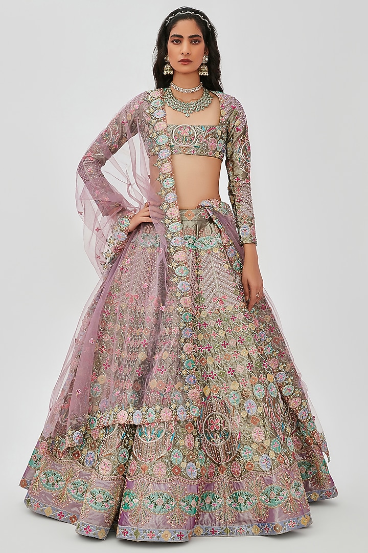 Light Grey Tissue Embellished 16 Kali Bridal Lehenga Set by Aisha Rao at Pernia's Pop Up Shop