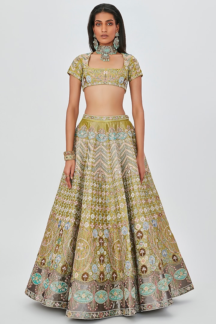 Green Tissue Embellished 12 Kali Bridal Lehenga Set by Aisha Rao at Pernia's Pop Up Shop