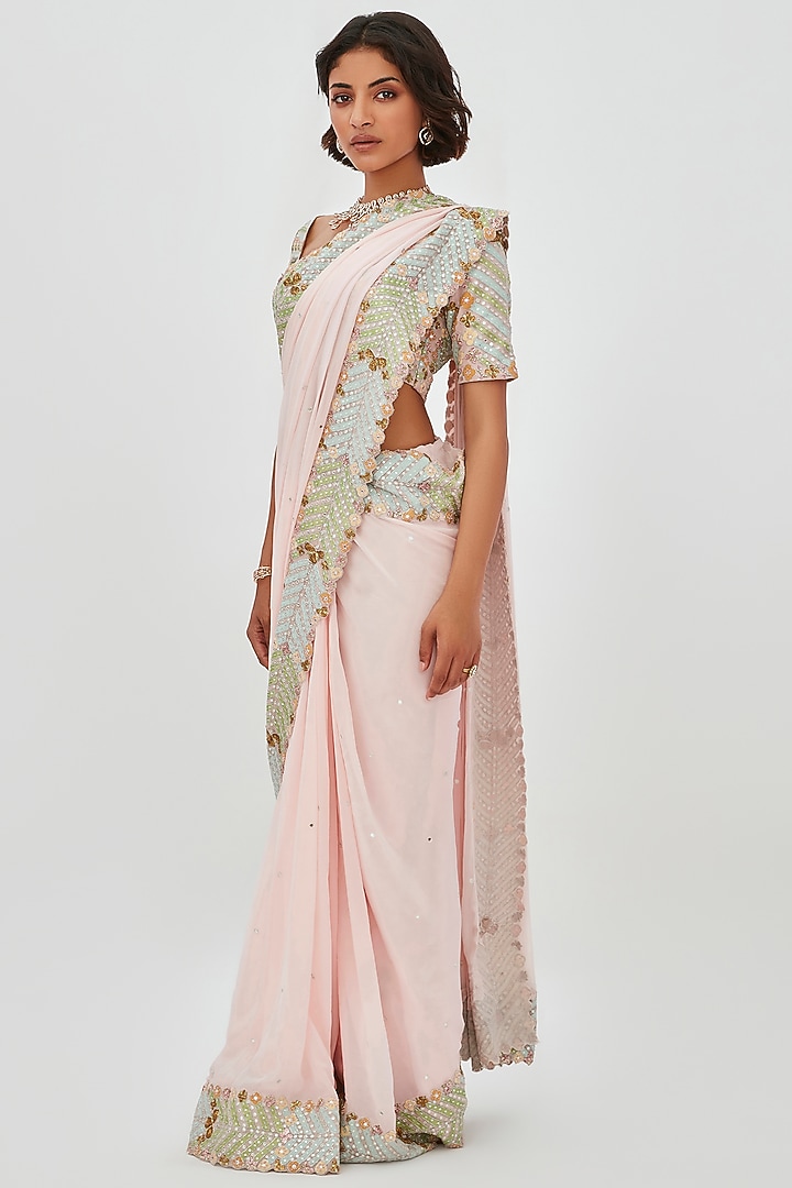 Spanish Pink Georgette Embellished Bridal Saree Set by Aisha Rao at Pernia's Pop Up Shop