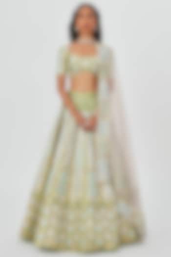 Pastel Lime Tissue Embellished 12 Kali Bridal Lehenga Set by Aisha Rao at Pernia's Pop Up Shop