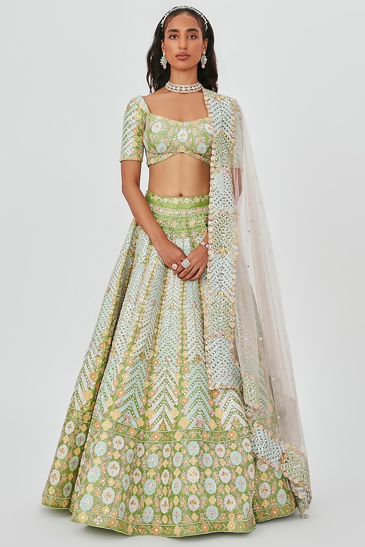 Pastel Lime Tissue Embellished 12 Kali Bridal Lehenga Set by Aisha Rao at Pernia's Pop Up Shop