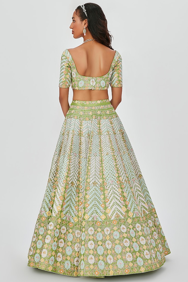 Pastel Lime Tissue Embellished 12 Kali Bridal Lehenga Set by Aisha Rao at Pernia's Pop Up Shop