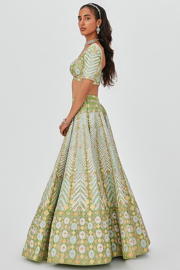 Pastel Lime Tissue Embellished 12 Kali Bridal Lehenga Set by Aisha Rao at Pernia's Pop Up Shop