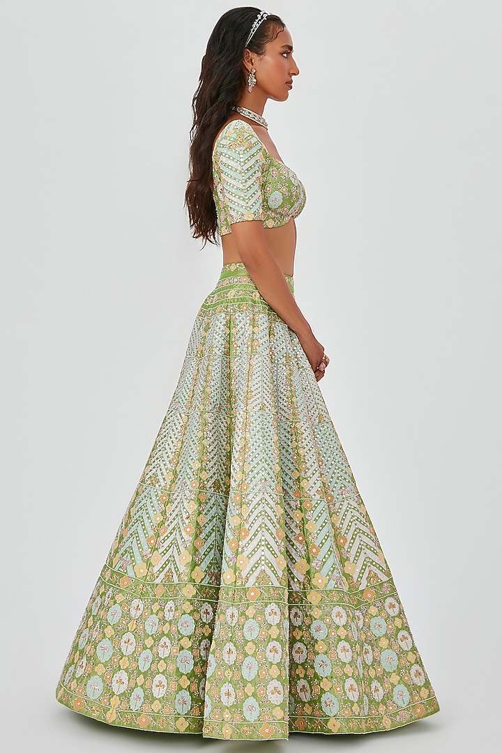 Pastel Lime Tissue Embellished 12 Kali Bridal Lehenga Set by Aisha Rao at Pernia's Pop Up Shop