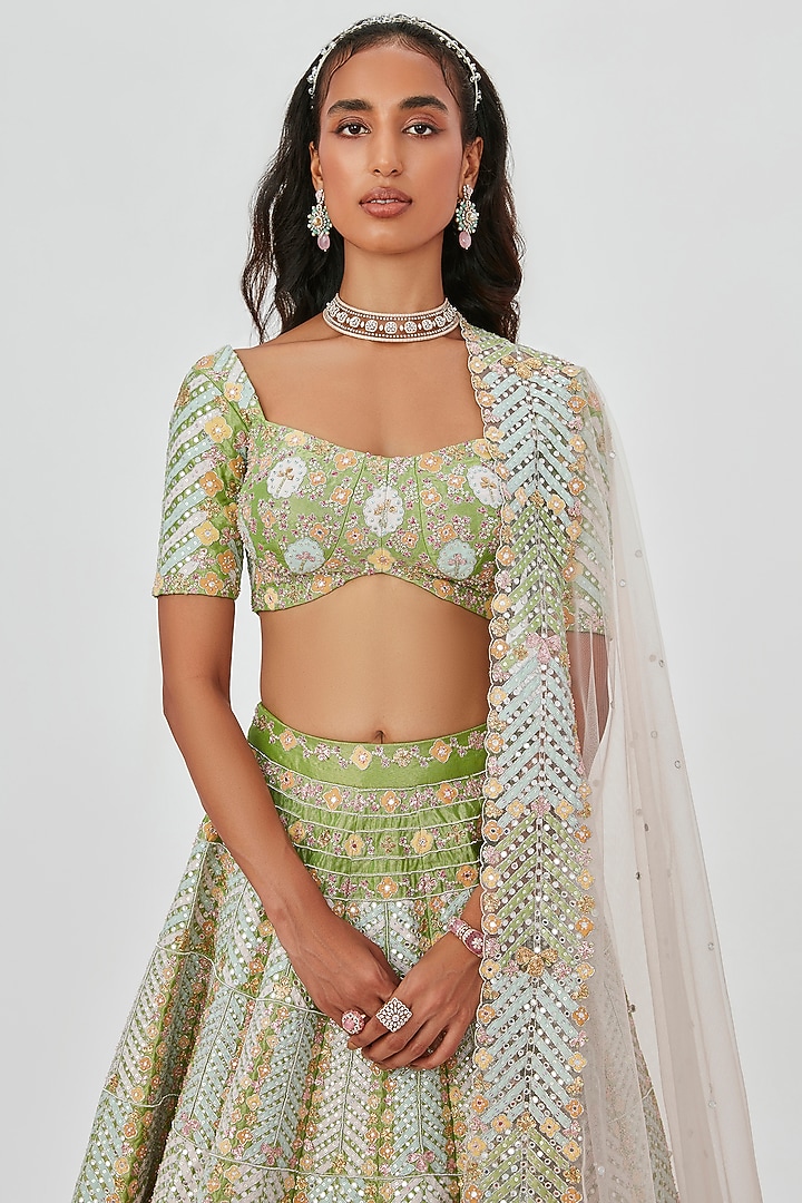 Pastel Lime Tissue Embellished 12 Kali Bridal Lehenga Set by Aisha Rao at Pernia's Pop Up Shop