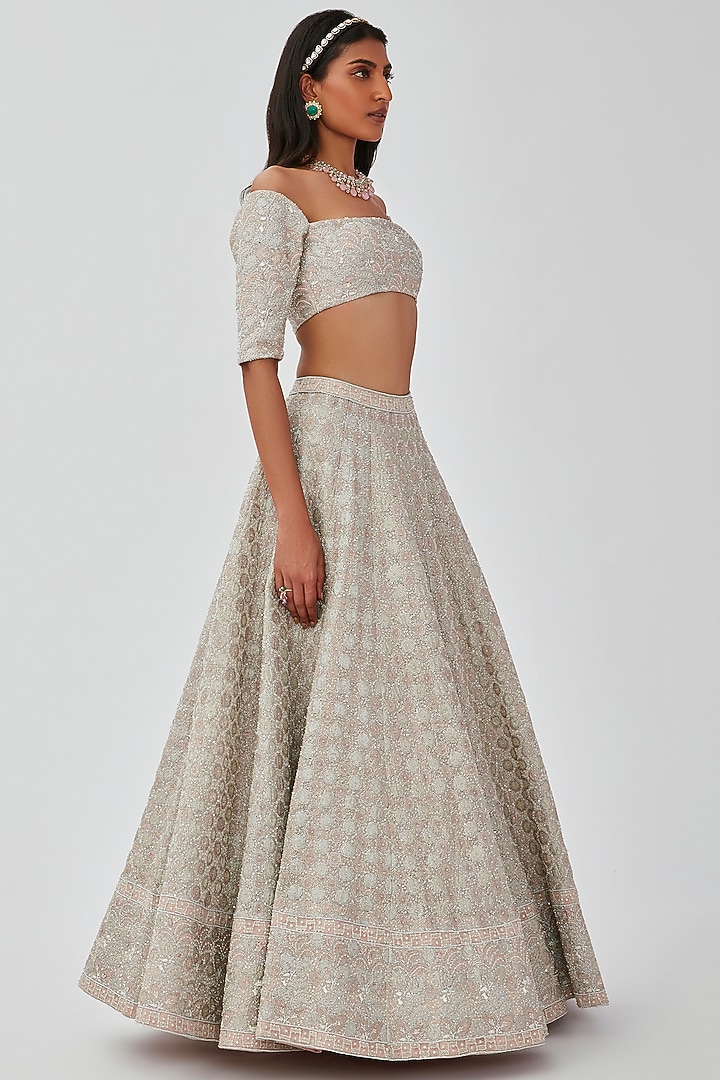 Pastel Silver Tissue & Net Embellished 12 Kali Bridal Lehenga Set by Aisha Rao at Pernia's Pop Up Shop