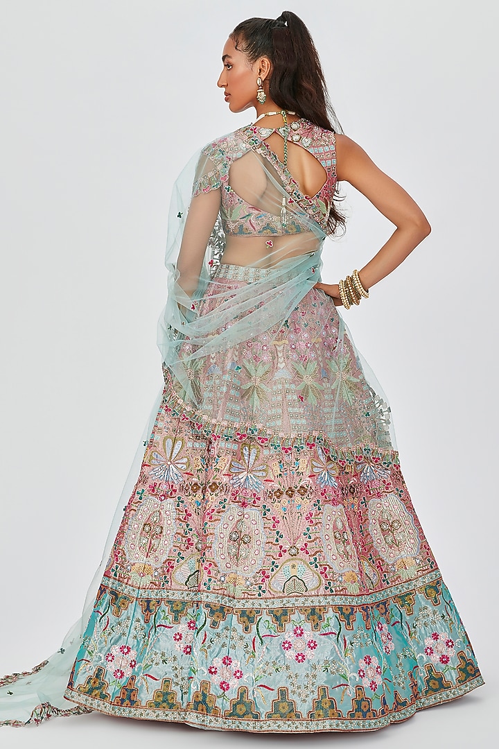Pink & Blue Tissue Embellished 16 Kali Bridal Lehenga Set by Aisha Rao at Pernia's Pop Up Shop