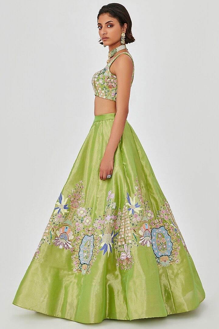 Green Tissue Embellished Bridal Lehenga Set by Aisha Rao at Pernia's Pop Up Shop