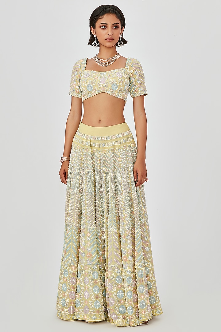 Yellow Georgette Embellished 16 Kali Bridal Lehenga Set by Aisha Rao at Pernia's Pop Up Shop