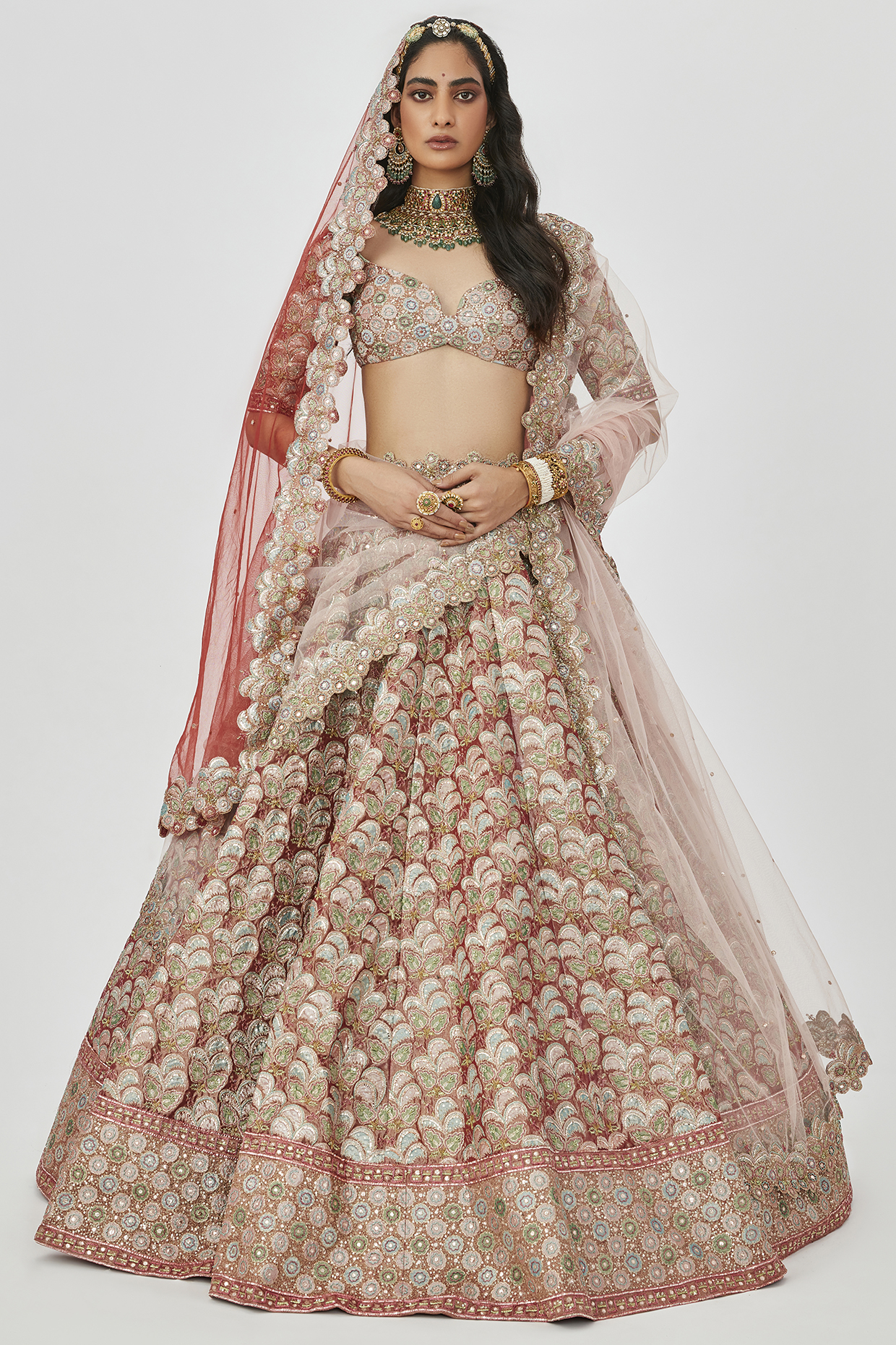 Rust Tissue Embellished 16 Kali Bridal Lehenga Set  by Aisha Rao at Pernia's Pop Up Shop