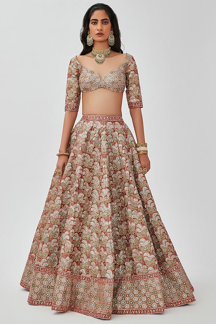 Rust Tissue Embellished 16 Kali Bridal Lehenga Set  by Aisha Rao at Pernia's Pop Up Shop