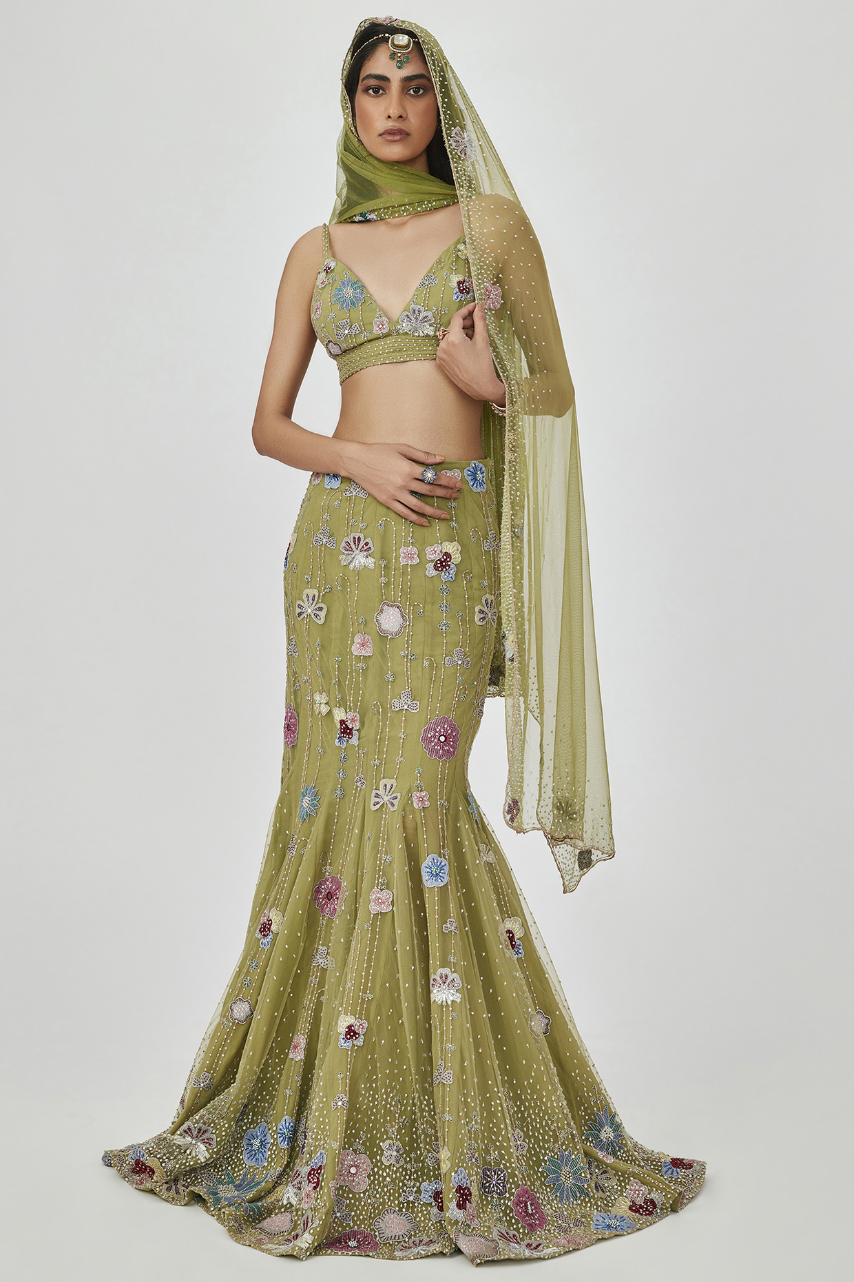 Olive Net Embellished Mermaid Bridal Lehenga Set by Aisha Rao at Pernia s Pop Up Shop 2024
