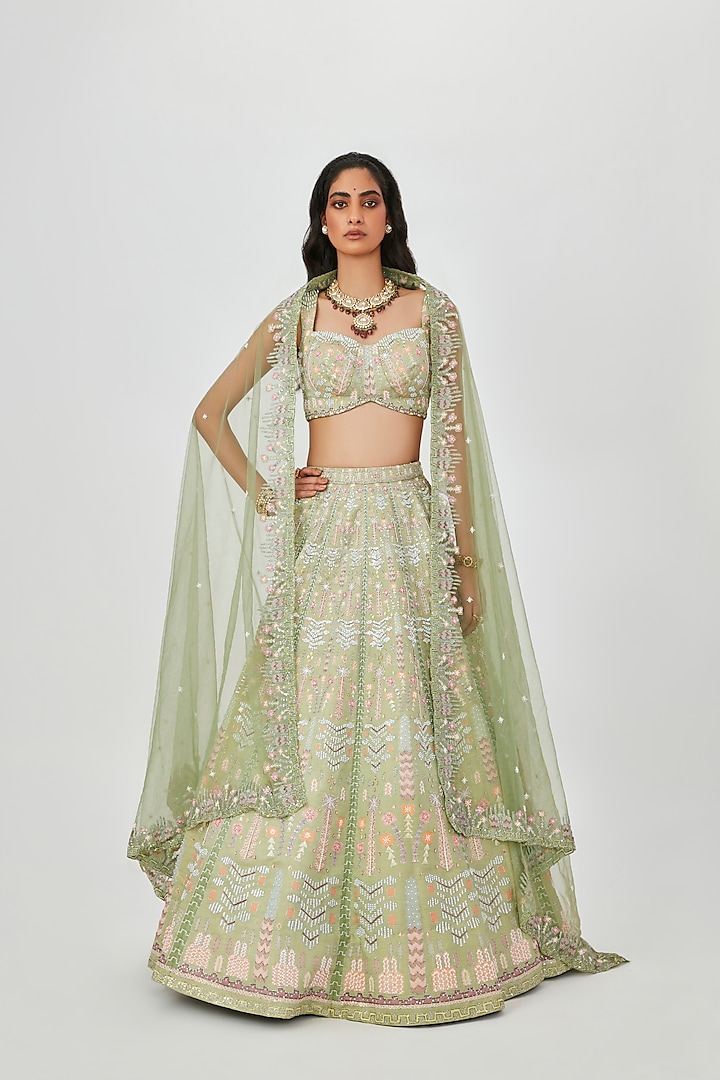Moss Green Kasab Satin Embellished 12 Kali Bridal Lehenga Set by Aisha Rao at Pernia's Pop Up Shop
