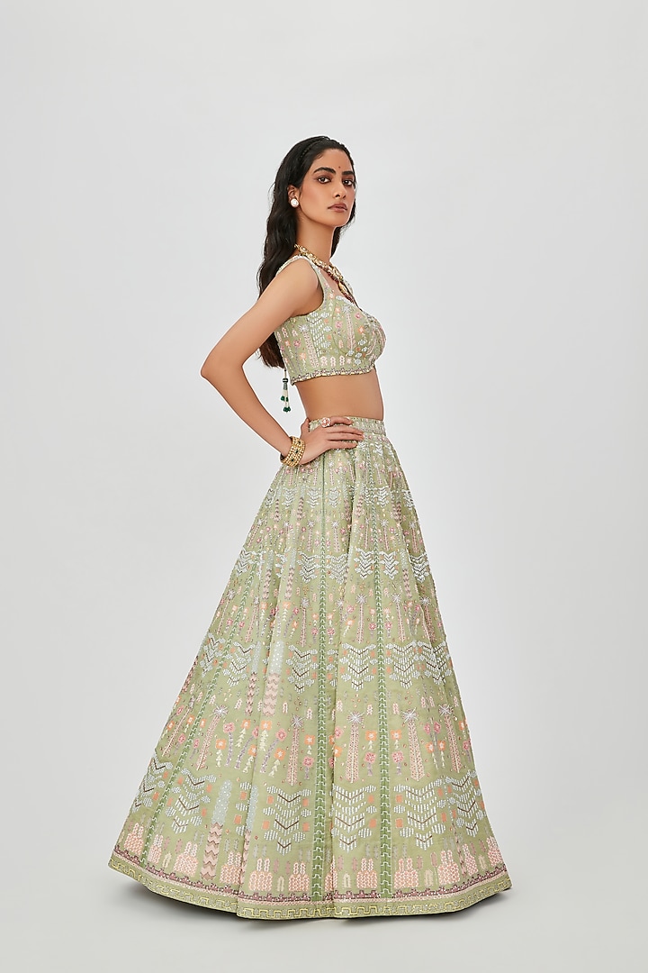 Moss Green Kasab Satin Embellished 12 Kali Bridal Lehenga Set by Aisha Rao at Pernia's Pop Up Shop