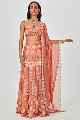 Tangerine Dobby Georgette Printed Lehenga Set by Aisha Rao