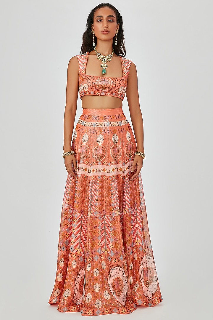 Tangerine Dobby Georgette Printed Wedding Lehenga Set by Aisha Rao at Pernia's Pop Up Shop