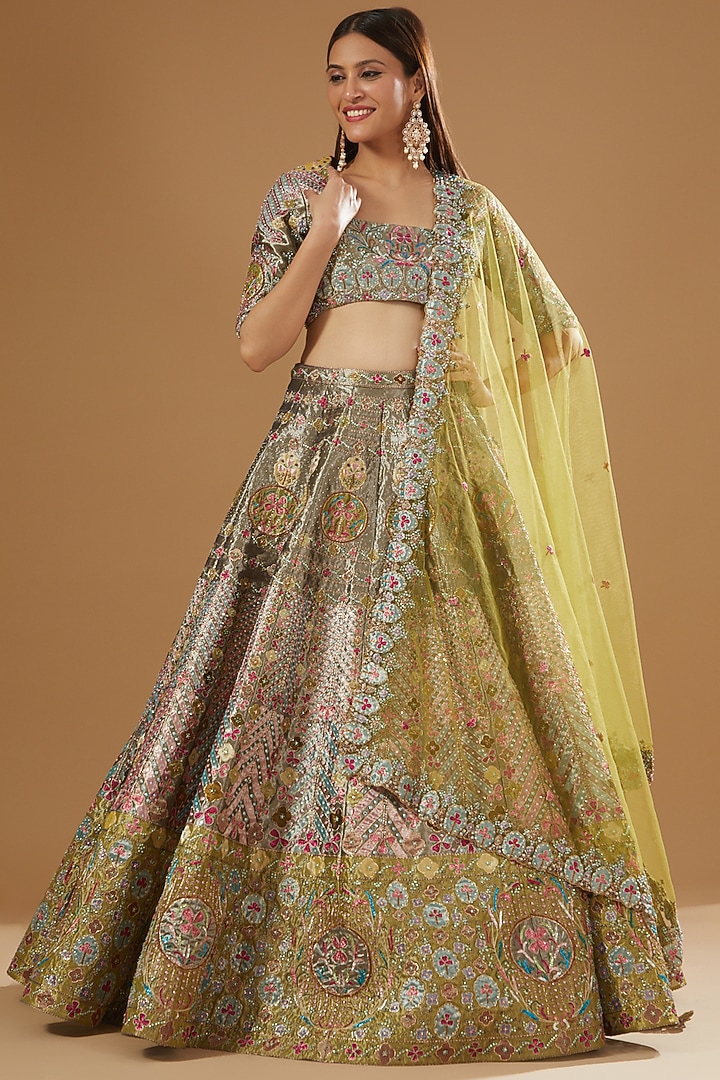 Pewter Tissue Embellished 12 Kali Bridal Lehenga Set by Aisha Rao at Pernia's Pop Up Shop