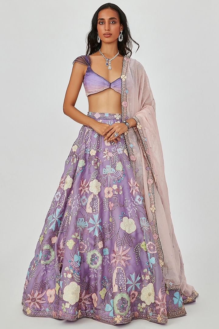 Lavender Satin Organza Embellished Bridal Lehenga Set by Aisha Rao at Pernia's Pop Up Shop