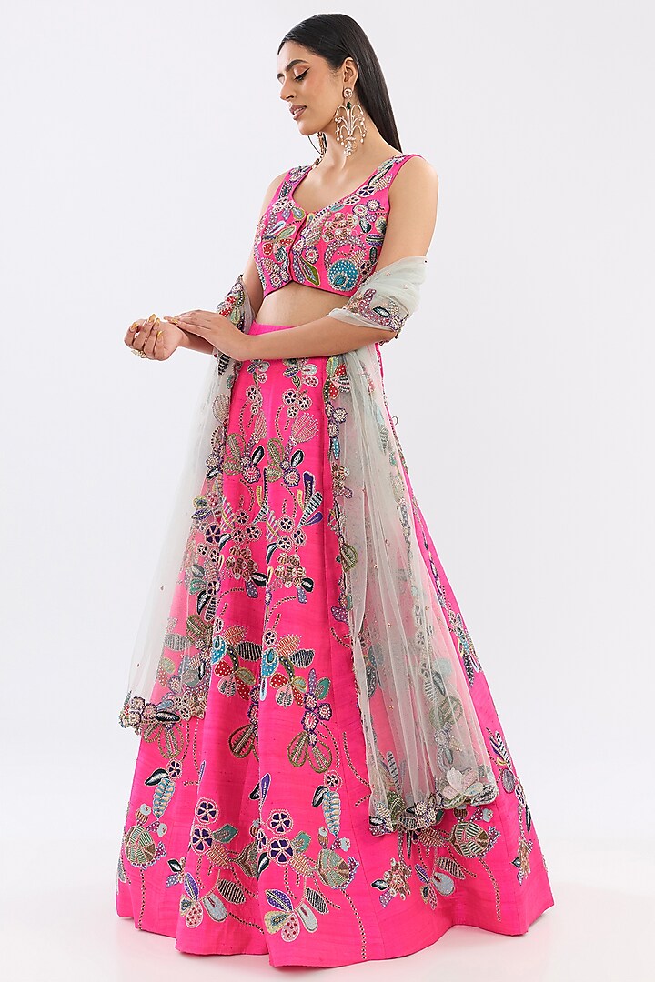 Hot Pink Raw Silk Embellished Bridal lehenga for 22 Lehenga Set by Aisha Rao at Pernia's Pop Up Shop