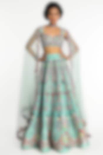 Scuba Blue Raw Silk Applique Embellished Bridal Lehenga Set by Aisha Rao at Pernia's Pop Up Shop