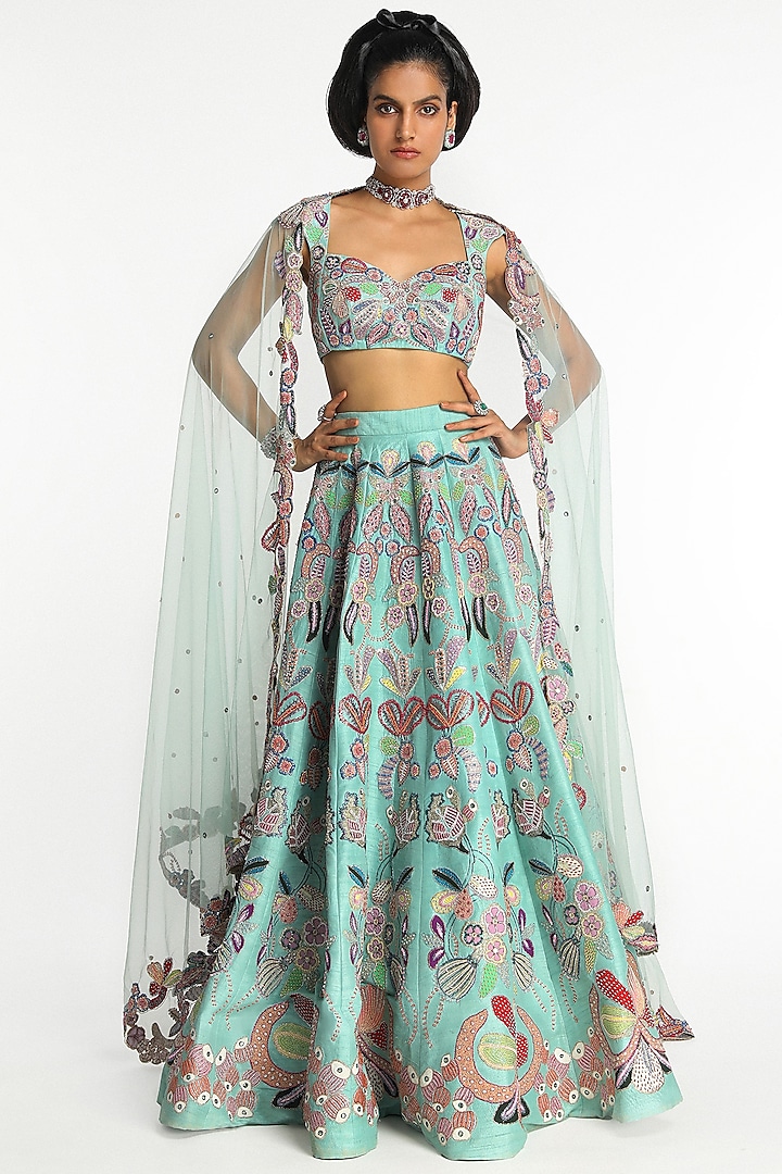 Scuba Blue Raw Silk Applique Embellished Bridal Lehenga Set by Aisha Rao at Pernia's Pop Up Shop