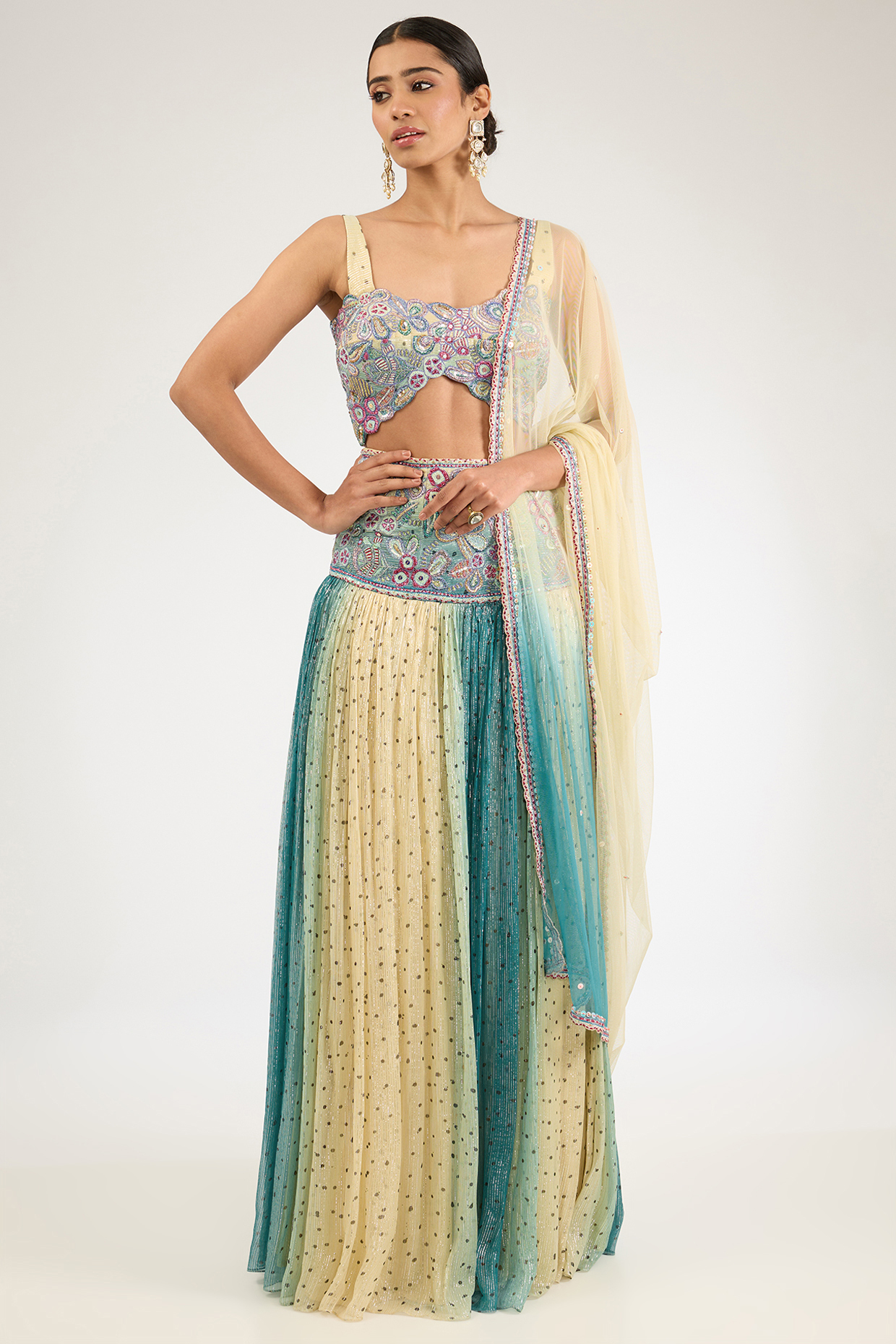 Ivory & Blue Lurex Printed  dulhan bday 22 may Lehenga Set by Aisha Rao at Pernia's Pop Up Shop