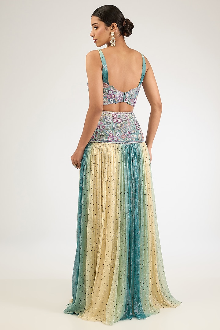 Ivory & Blue Lurex Printed Wedding Lehenga Set by Aisha Rao at Pernia's Pop Up Shop