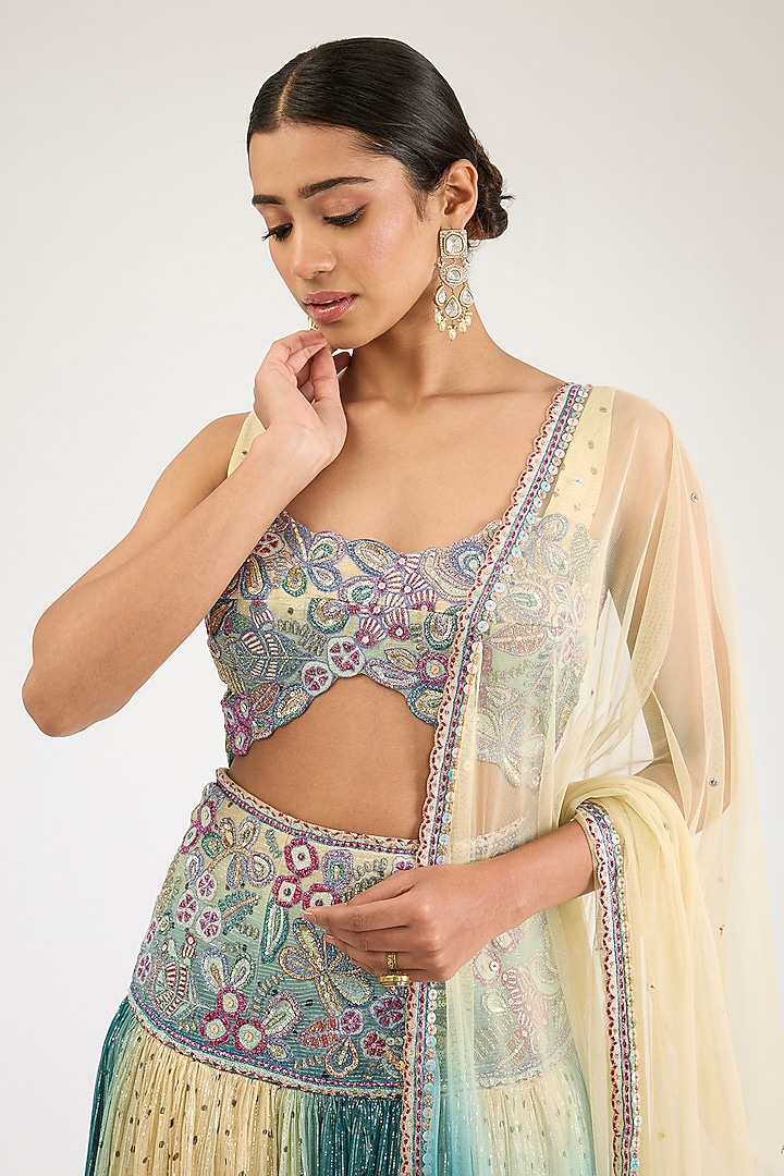Ivory & Blue Lurex Printed Wedding Lehenga Set by Aisha Rao at Pernia's Pop Up Shop