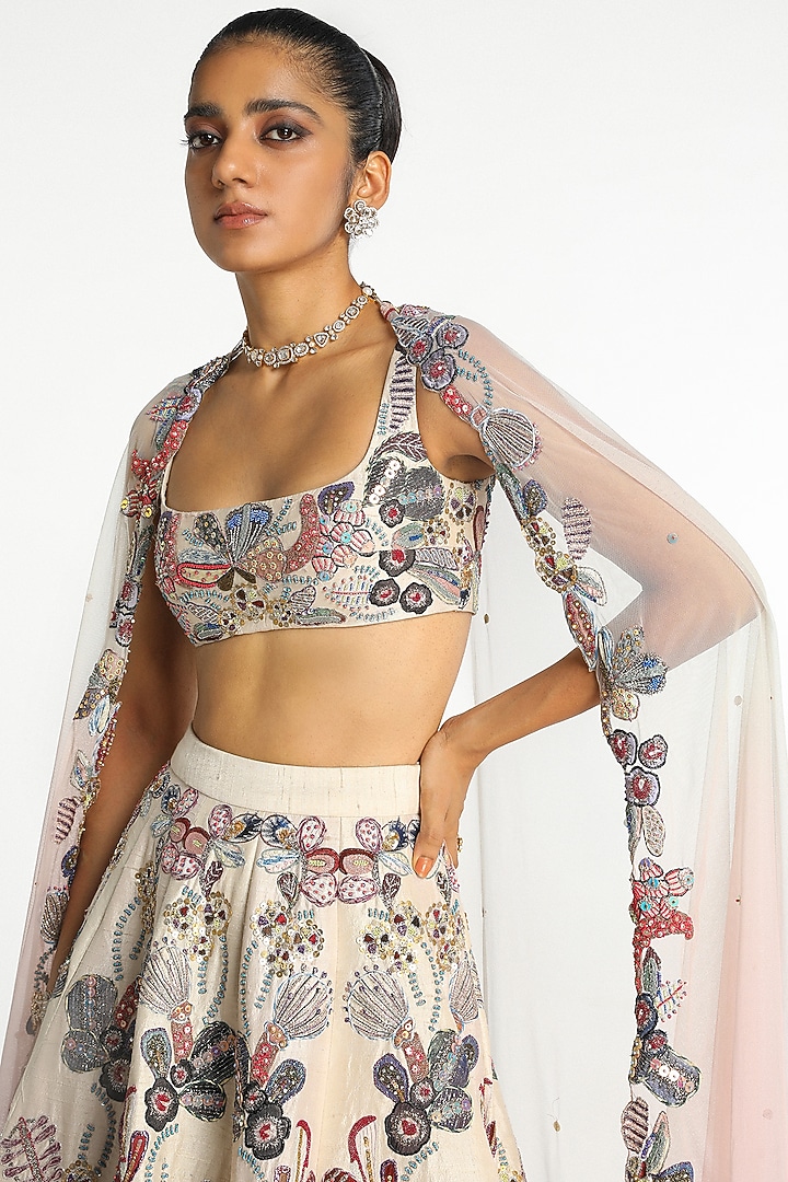Ivory Raw Silk Applique Embellished Bridal Lehenga Set by Aisha Rao at Pernia's Pop Up Shop