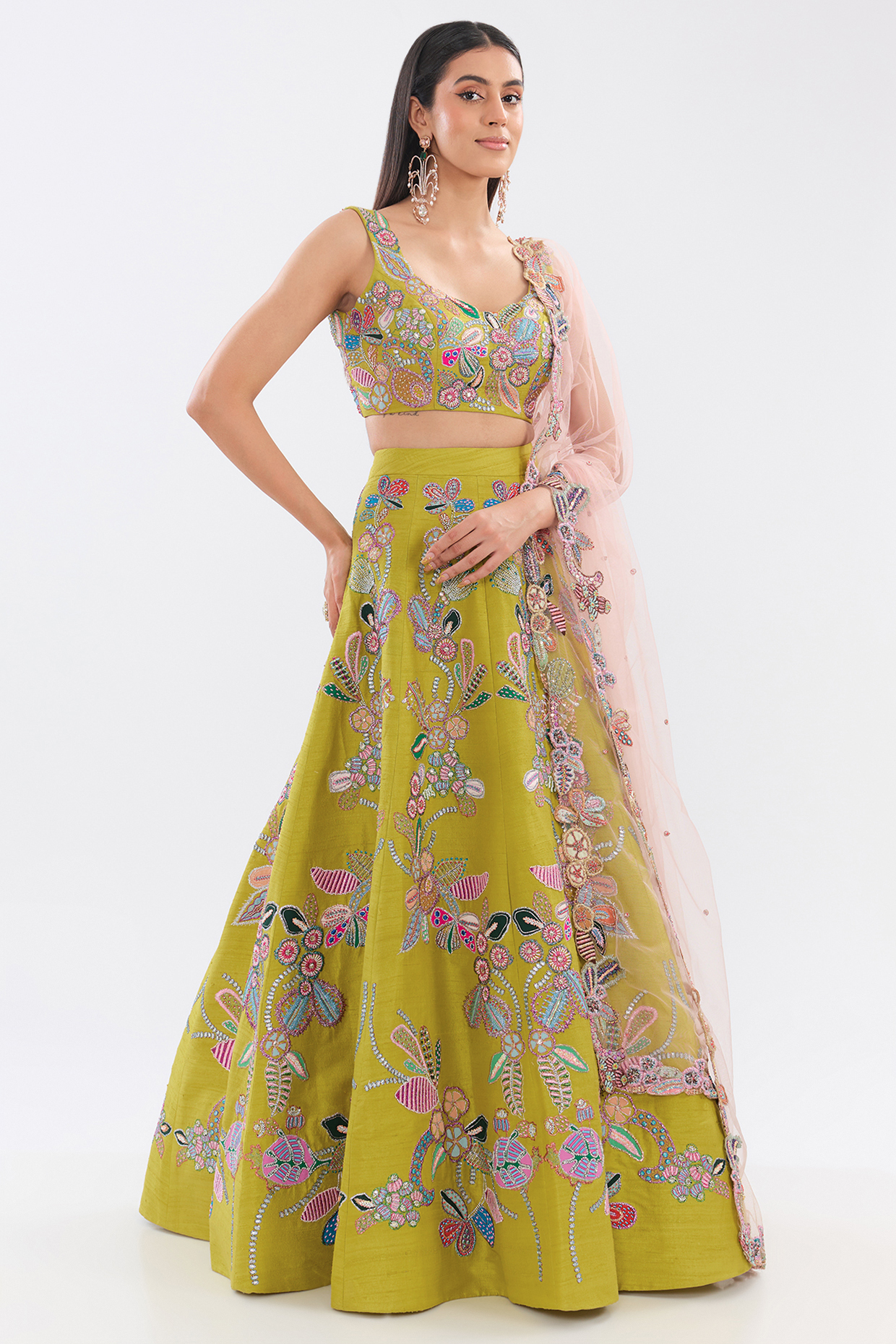 Lime Raw Silk Applique Embellished Bridal lehenga for 22 Lehenga Set by Aisha Rao at Pernia's Pop Up Shop