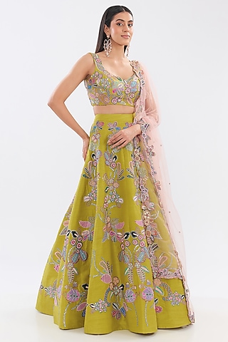 Lime Raw Silk Applique Embellished Lehenga Set by Aisha Rao