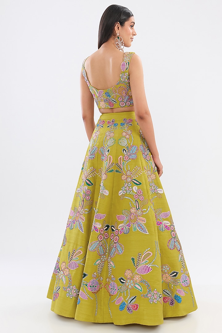 Lime Raw Silk Applique Embellished Bridal Lehenga Set by Aisha Rao at Pernia's Pop Up Shop