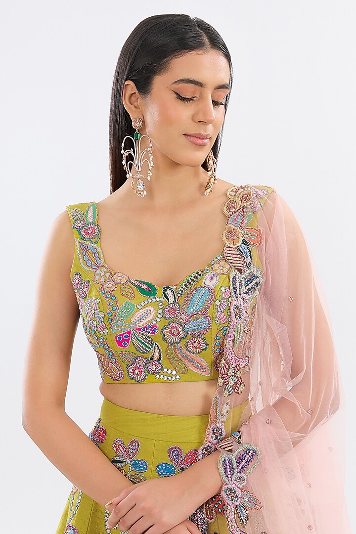 Lime Raw Silk Applique Embellished Bridal Lehenga Set by Aisha Rao at Pernia's Pop Up Shop