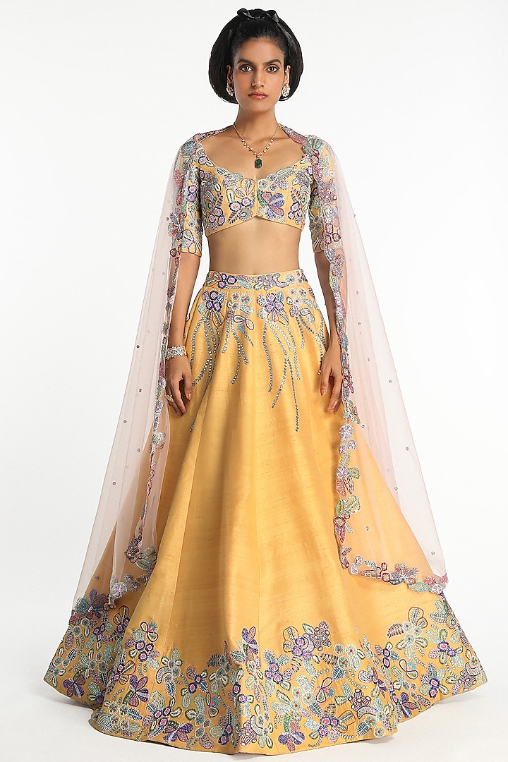 Yellow Raw Silk Embellished Bridal Lehenga Set by Aisha Rao at Pernia's Pop Up Shop