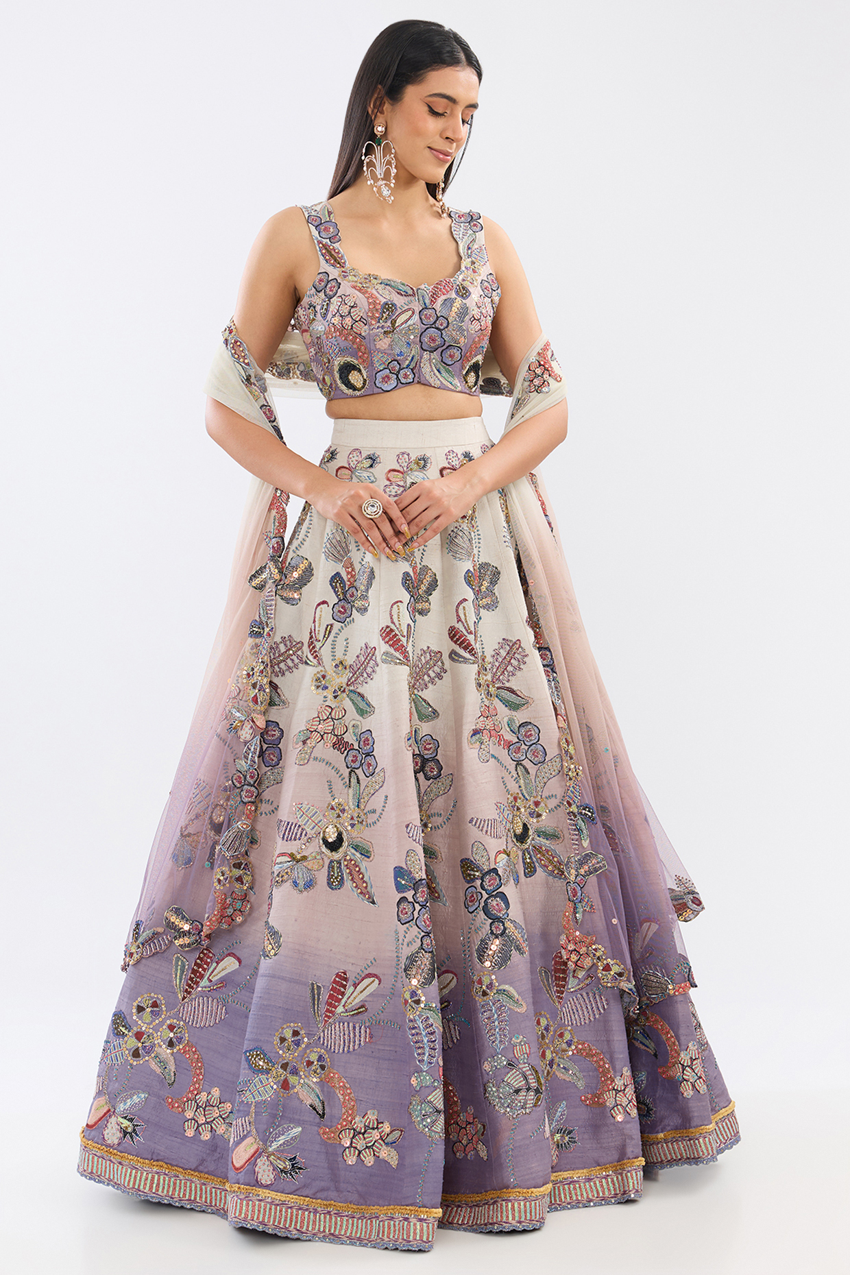 Ivory Ombre Raw Silk Applique Embellished Bridal lehenga for 22 Lehenga Set by Aisha Rao at Pernia's Pop Up Shop