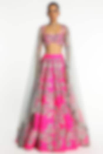 Hot Pink Raw Silk Applique Embellished Bridal Lehenga Set by Aisha Rao at Pernia's Pop Up Shop