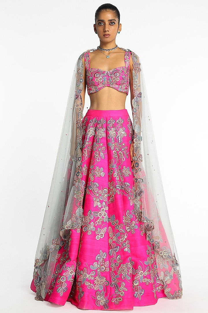 Hot Pink Raw Silk Applique Embellished Bridal Lehenga Set by Aisha Rao at Pernia's Pop Up Shop