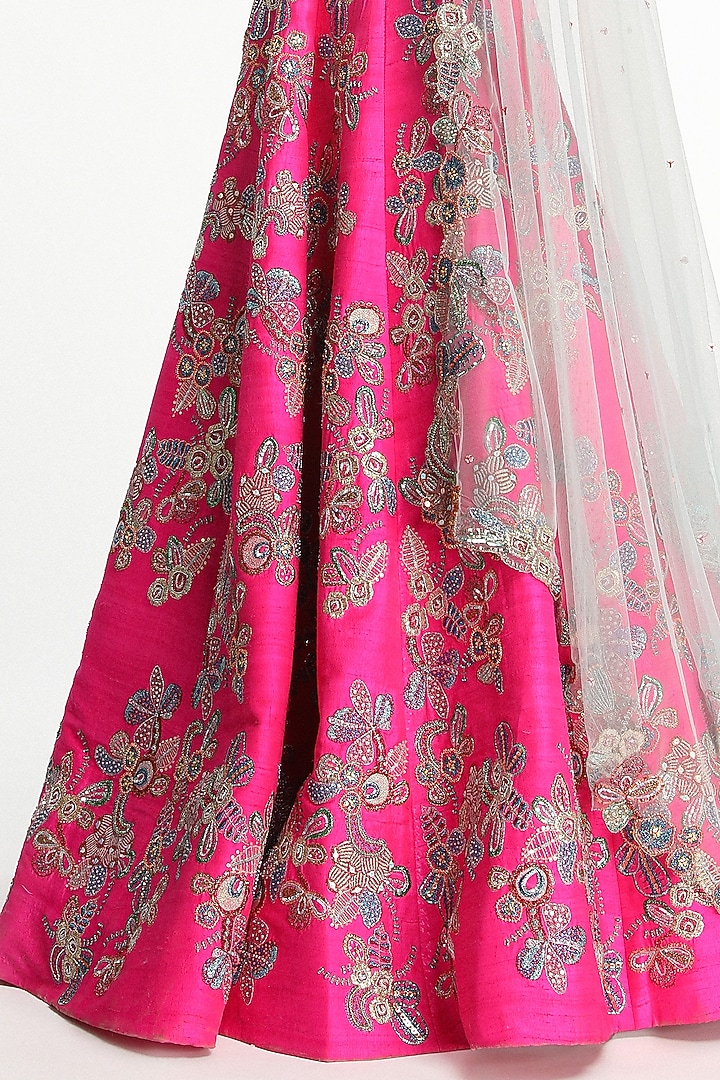 Hot Pink Raw Silk Applique Embellished Bridal Lehenga Set by Aisha Rao at Pernia's Pop Up Shop