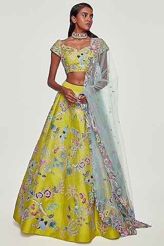 Lime Raw Silk Applique Embellished Lehenga Set by Aisha Rao