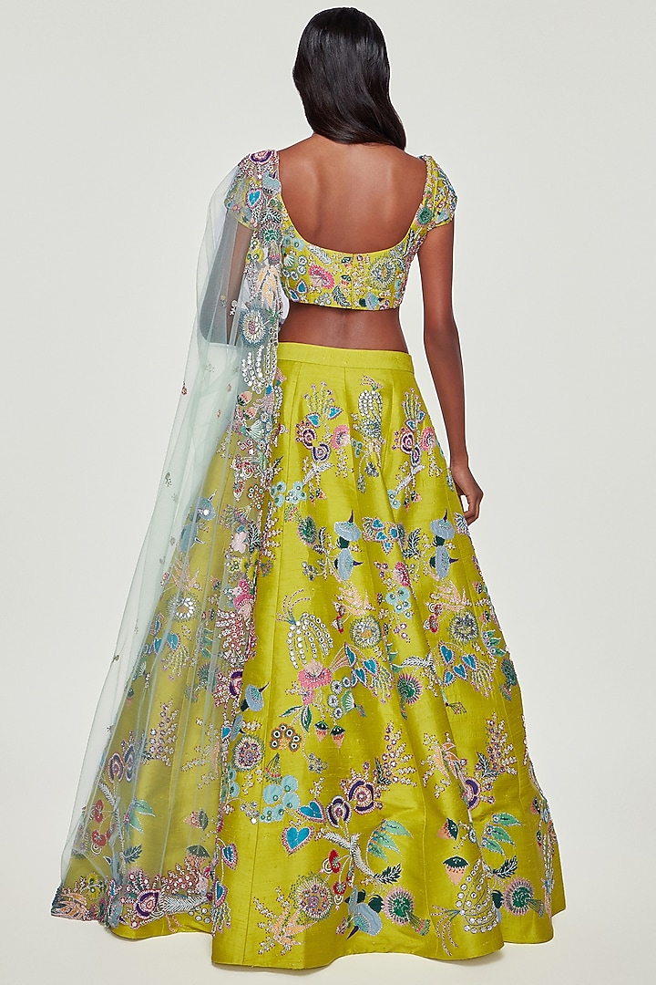 Lime Raw Silk Applique Embellished Bridal Lehenga Set by Aisha Rao at Pernia's Pop Up Shop