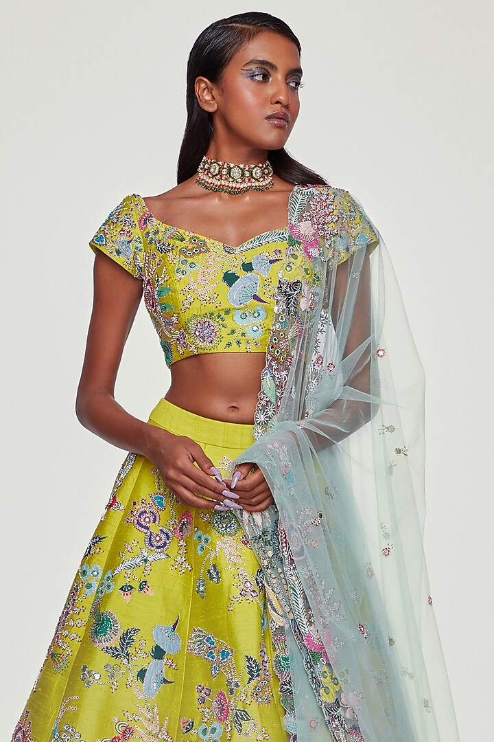 Lime Raw Silk Applique Embellished Bridal Lehenga Set by Aisha Rao at Pernia's Pop Up Shop