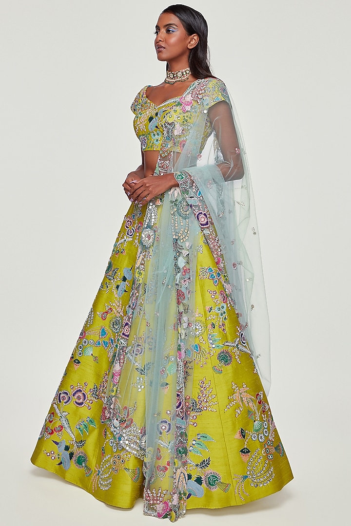 Lime Raw Silk Applique Embellished Bridal Lehenga Set by Aisha Rao at Pernia's Pop Up Shop
