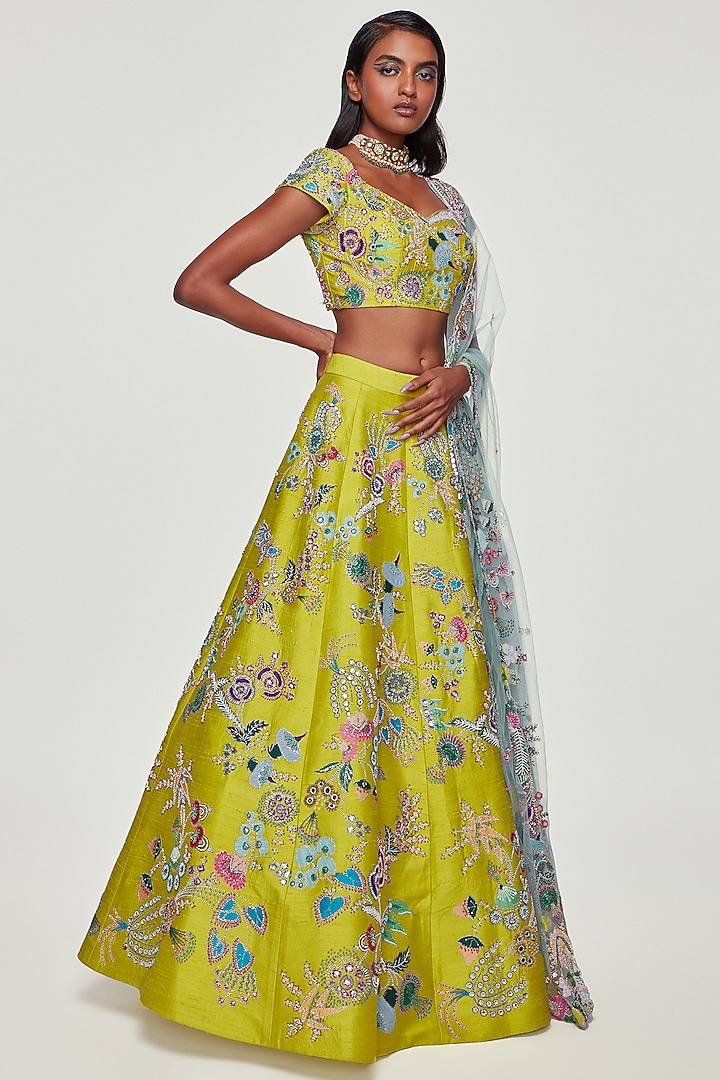 Lime Raw Silk Applique Embellished Bridal Lehenga Set by Aisha Rao at Pernia's Pop Up Shop