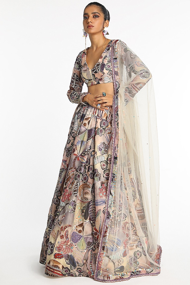 Mist Purple Organza Printed Gathered Skirt Set by Aisha Rao at Pernia's Pop Up Shop