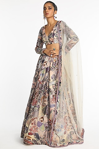 Mist Purple Organza Printed Gathered Skirt Set by Aisha Rao