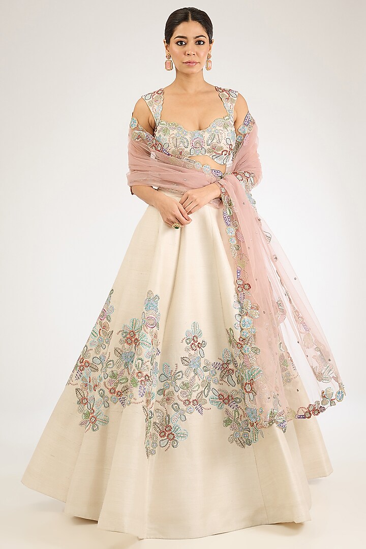 Ivory Raw Silk Embellished Lehenga Set by Aisha Rao