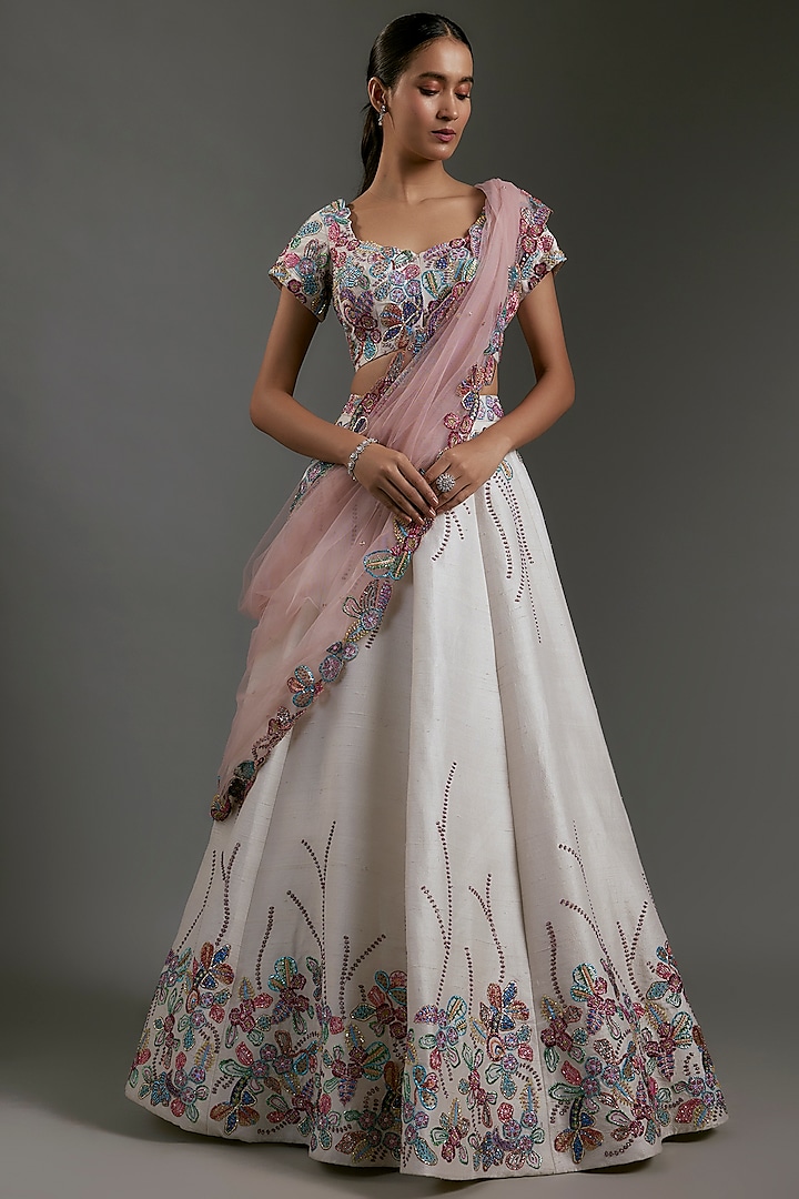 Ivory Raw Silk Applique Embellished Bridal lehenga for 22 Lehenga Set by Aisha Rao at Pernia's Pop Up Shop