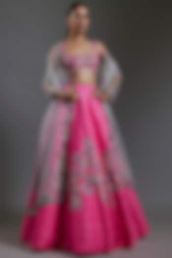 Hot Pink Raw Silk Applique Embellished Bridal Lehenga Set by Aisha Rao at Pernia's Pop Up Shop