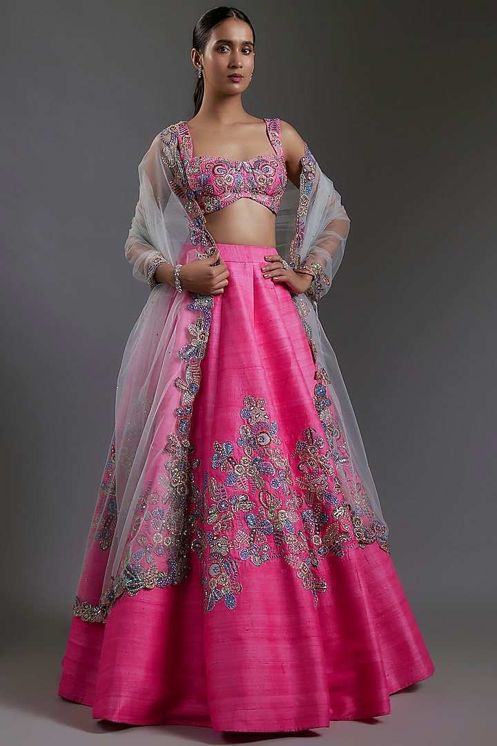 Hot Pink Raw Silk Applique Embellished Bridal Lehenga Set by Aisha Rao at Pernia's Pop Up Shop