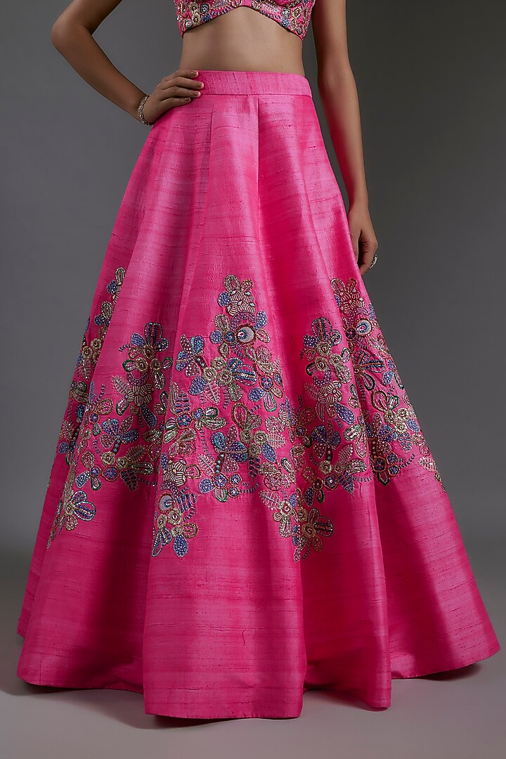 Hot Pink Raw Silk Applique Embellished Bridal Lehenga Set by Aisha Rao at Pernia's Pop Up Shop